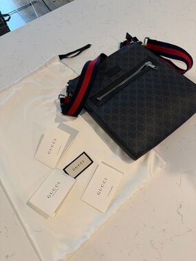 Gucci Black GG Supreme Messenger with Red and Blue Web Strap